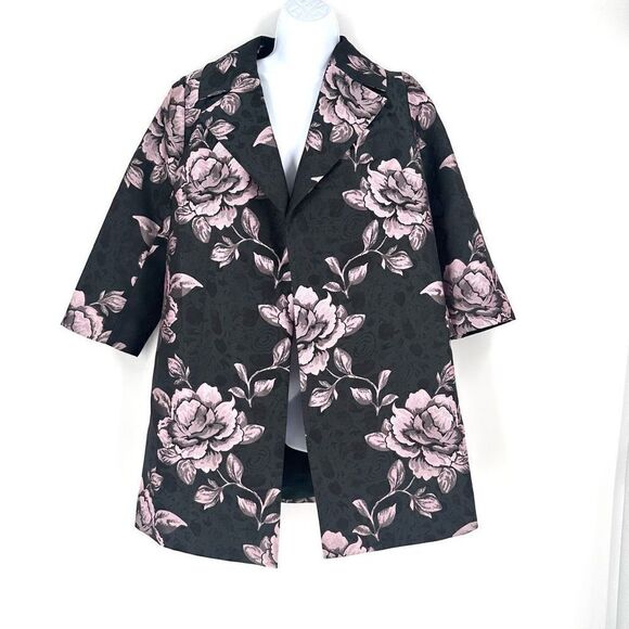NWT Talbots Women's Floral Open Front Dressy Coat Jacket Black Gray Pink Size 4 - Picture 1 of 12